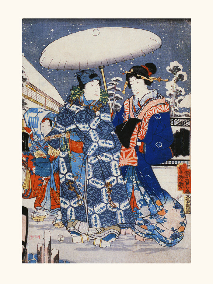 Un couple et un enfant dans la neige de Kunisada