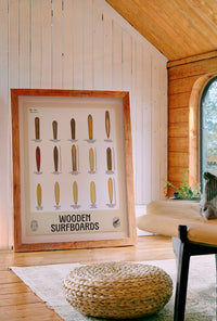 Mise en scène affiche des shapes de surf en bois