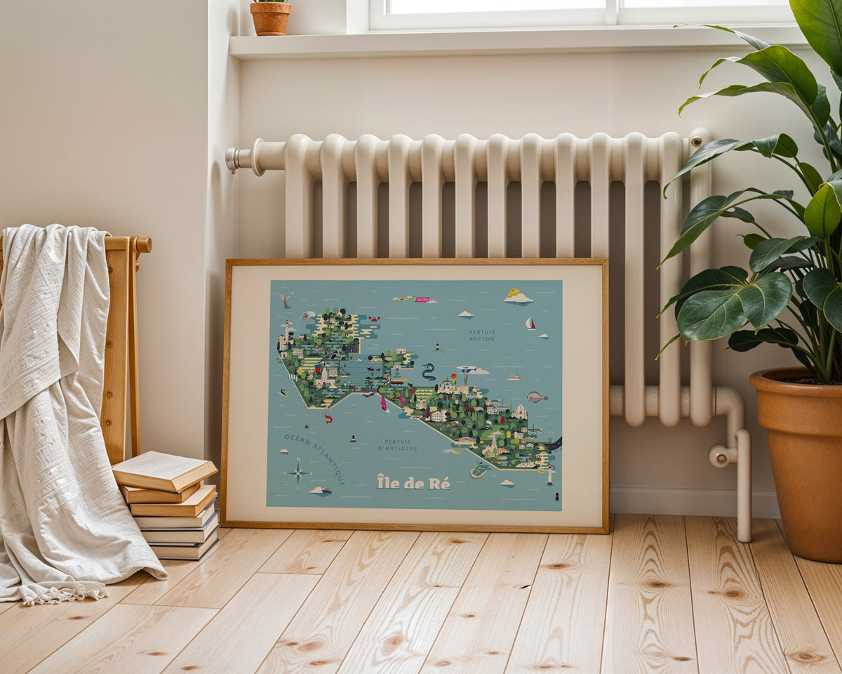 Mise en scène d'une carte illustrée de l'île de Ré créée par Fabien Chaigne