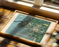 Mise en scène d'une carte illustrée de la ville de La Rochelle créée par Fabien Chaigne