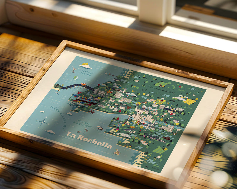 Mise en scène d'une carte illustrée de la ville de La Rochelle créée par Fabien Chaigne