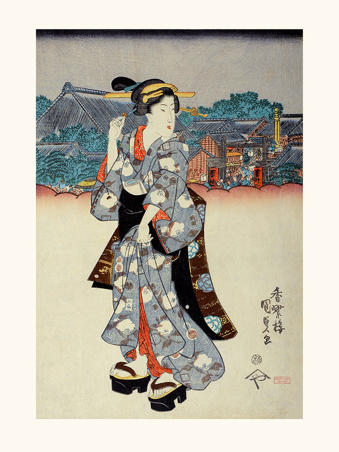 KUNISADA Mujer en kimono gris
