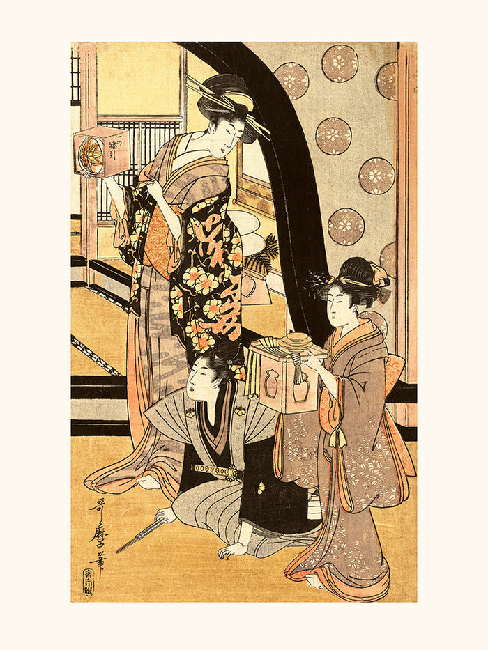 Utamaro Fukubuki Dos mujeres de pie, sosteniendo pequeñas cajas de un juego de lotería, con un hombre arrodillado entre ellas