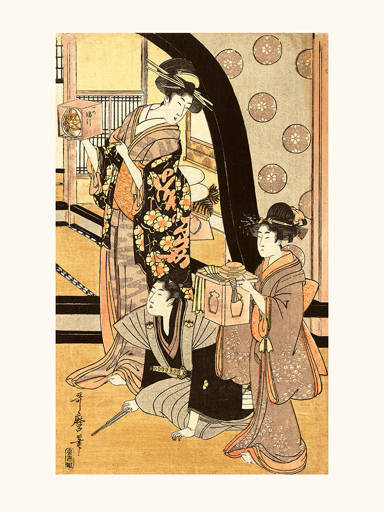 Utamaro Fukubuki Two women standing, holding small boxes from a lottery game, with a man kneeling between them